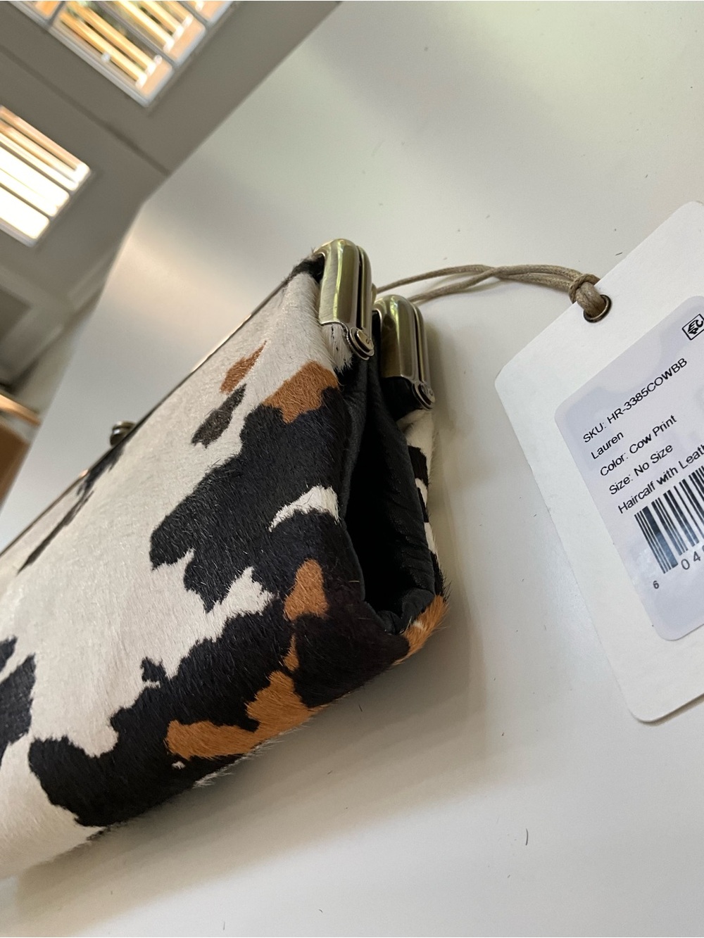 HOBO Lauren Cow Print Haircalf Leather Frame Kiss Lock Clutch NWT - Picture 5 of 13